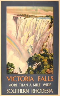Poster di viaggio originale d'epoca Cascate Vittoria Cascata Sud Rhodesia Africa