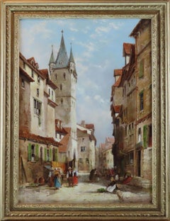 Óleo original sobre lienzo, William George Meadows, "Escena de una ciudad continental"