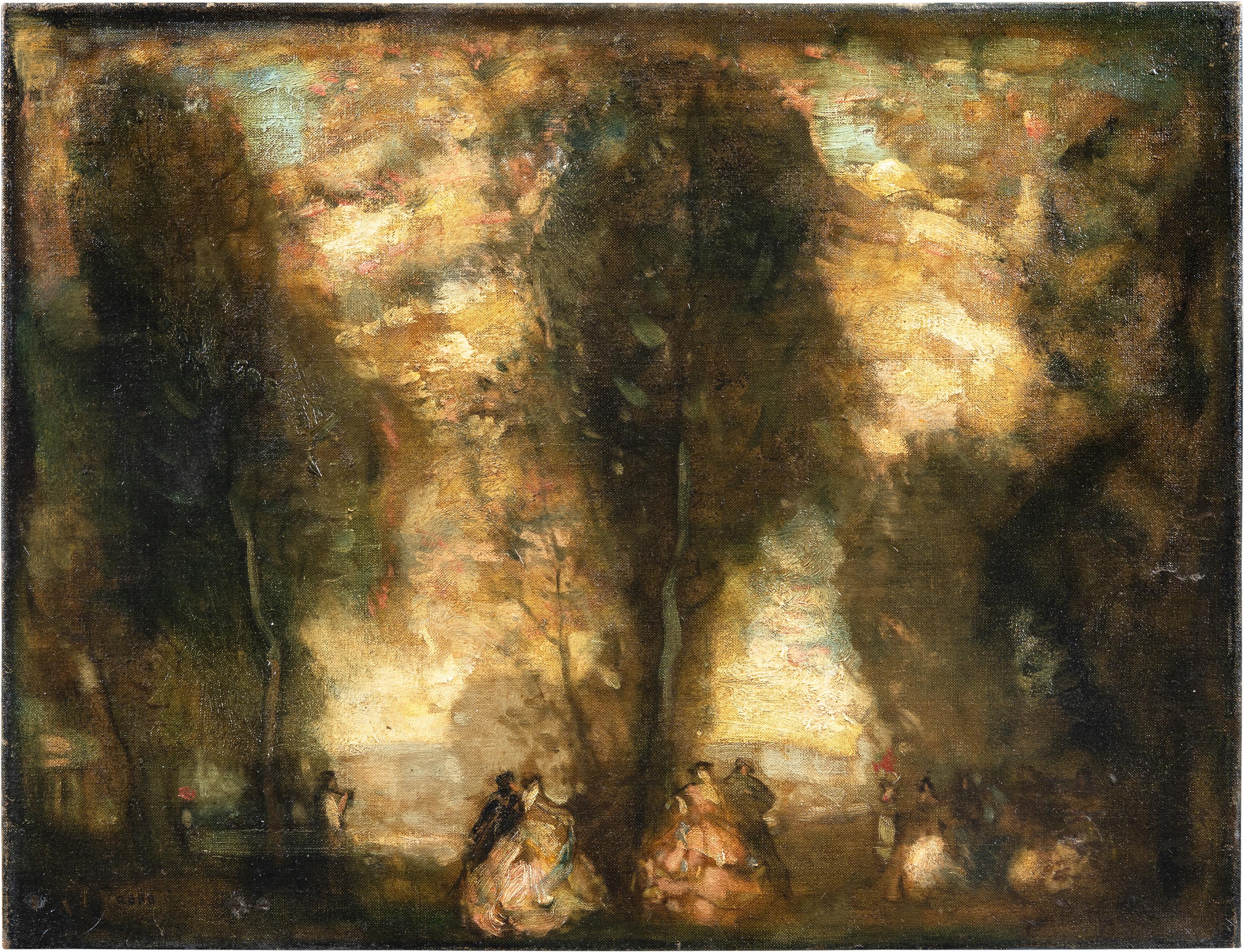 William George Robb (1872 - 1940) - Gallant figurines in the woods.

43 x 60cm.

Oil on canvas, unframed.

- Work signed on the lower left: “ROBB”.

Condition report: Original canvas. Good state of conservation of the pictorial surface, there are
