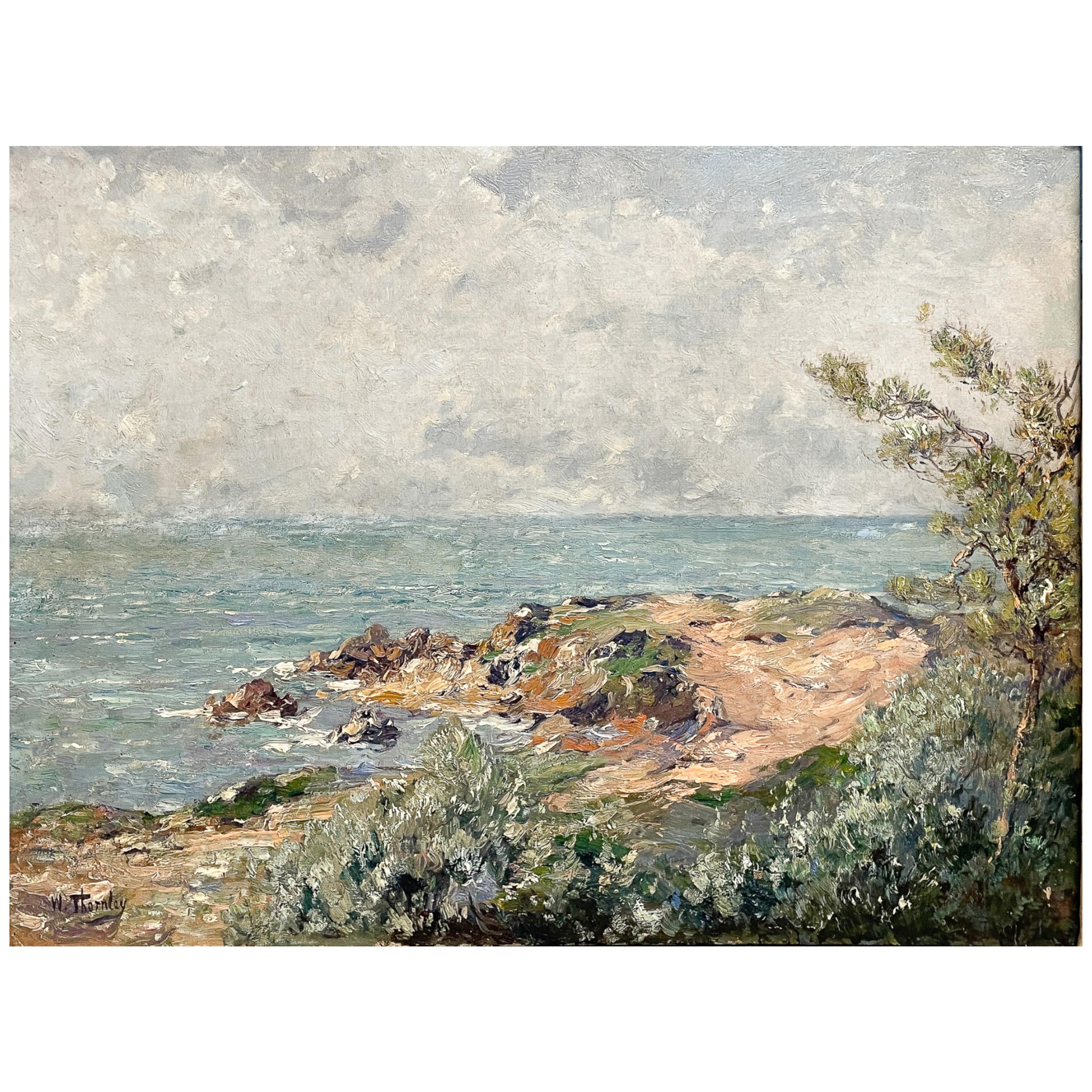 Antique French Impressionist Oil on Canvas Painting Sea Landscape Antibes France - Beige Landscape Painting by William Georges Thornley