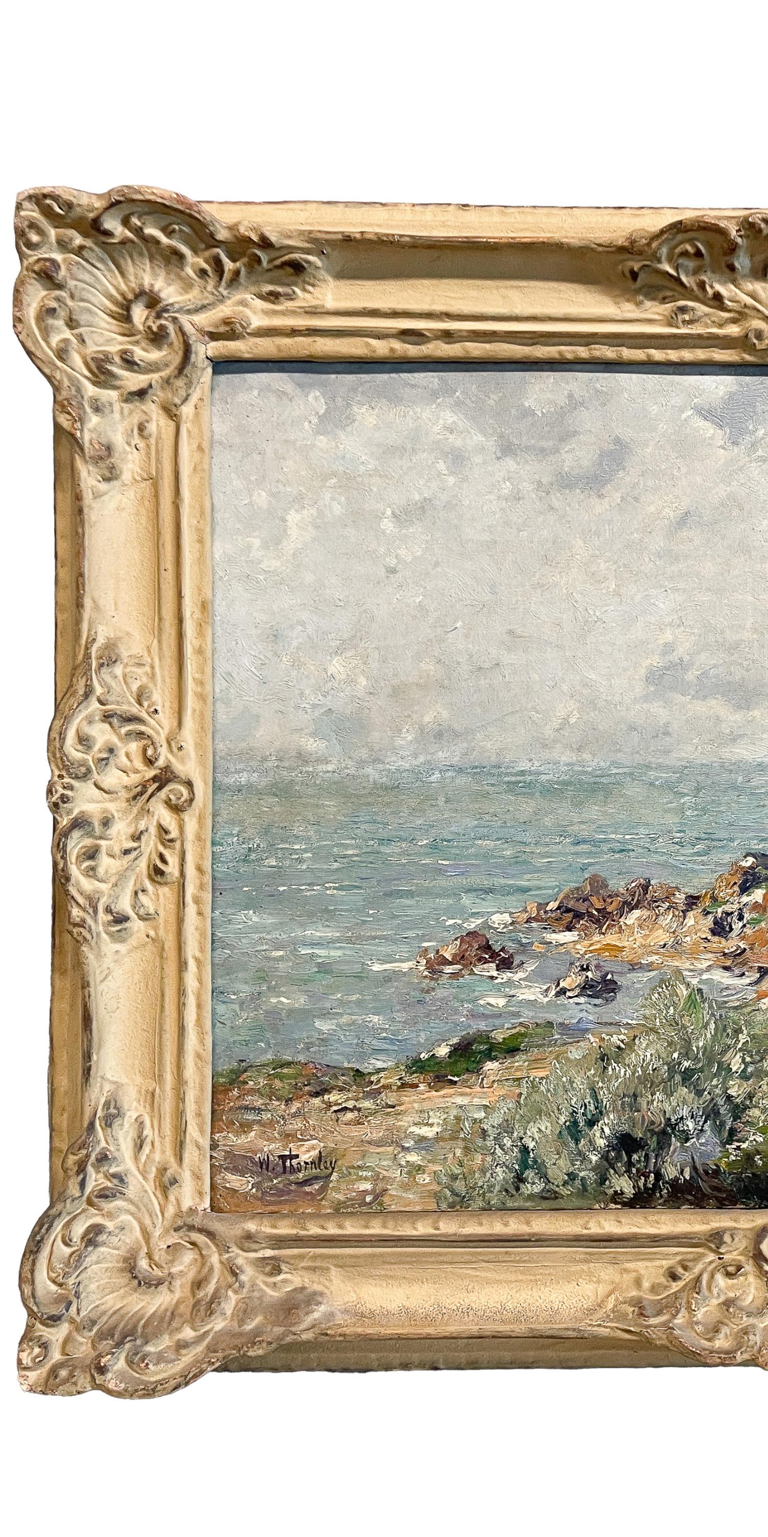A fine antique Impressionist painting by the celebrated French Impressionist painter William Georges Thornley (1857-1935), a view of the Mediterranean sea from Antibes, France, circa 1888.
This very beautiful work by William Georges Thornley is a