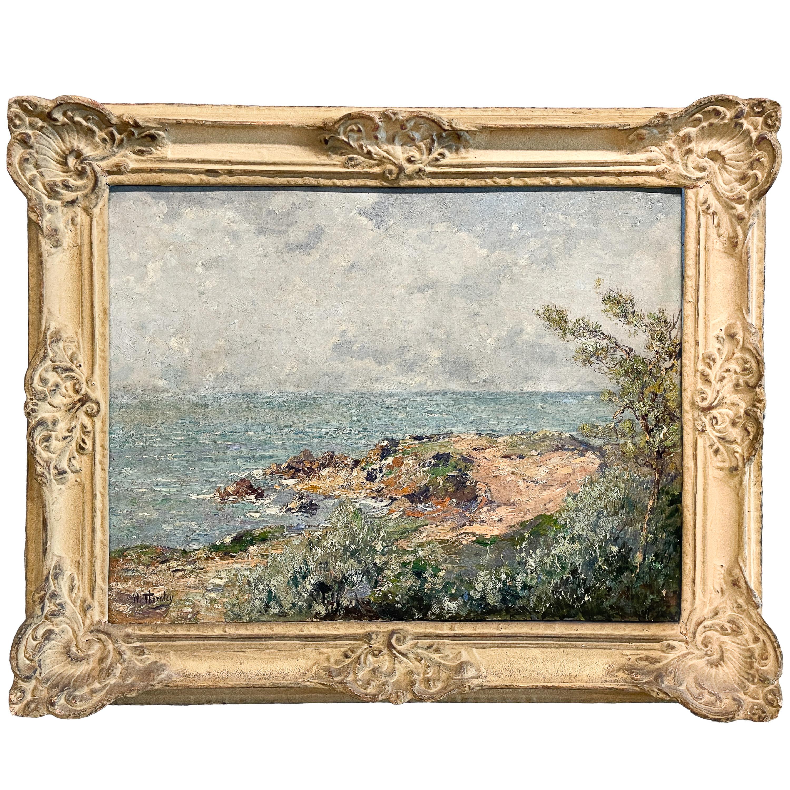 William Georges Thornley Landscape Painting - Antique French Impressionist Oil on Canvas Painting Sea Landscape Antibes France