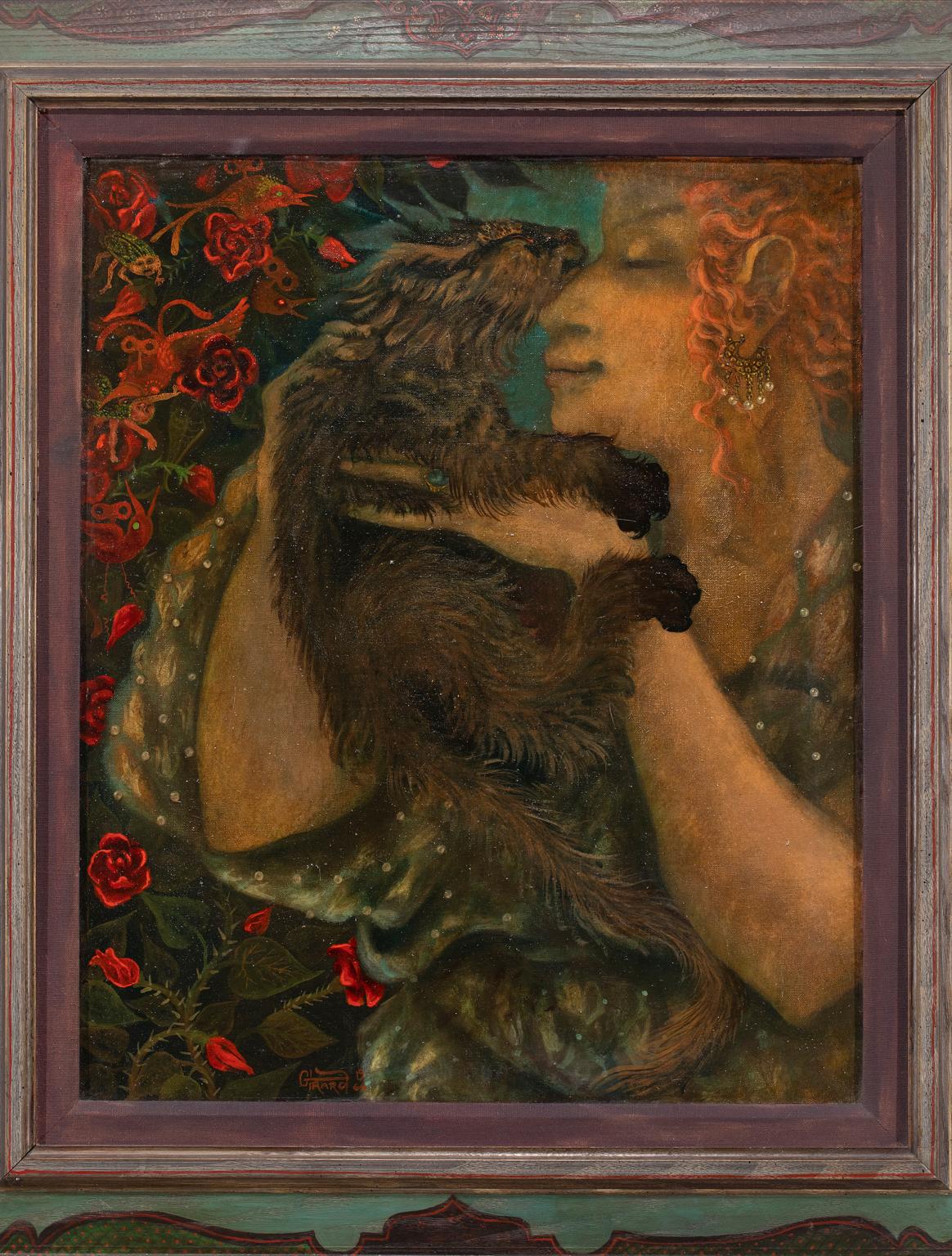 « My Best Friend », huile, cadre peint à la main, femme, animal, tons terreux riches - Painting de WILLIAM GIRARD