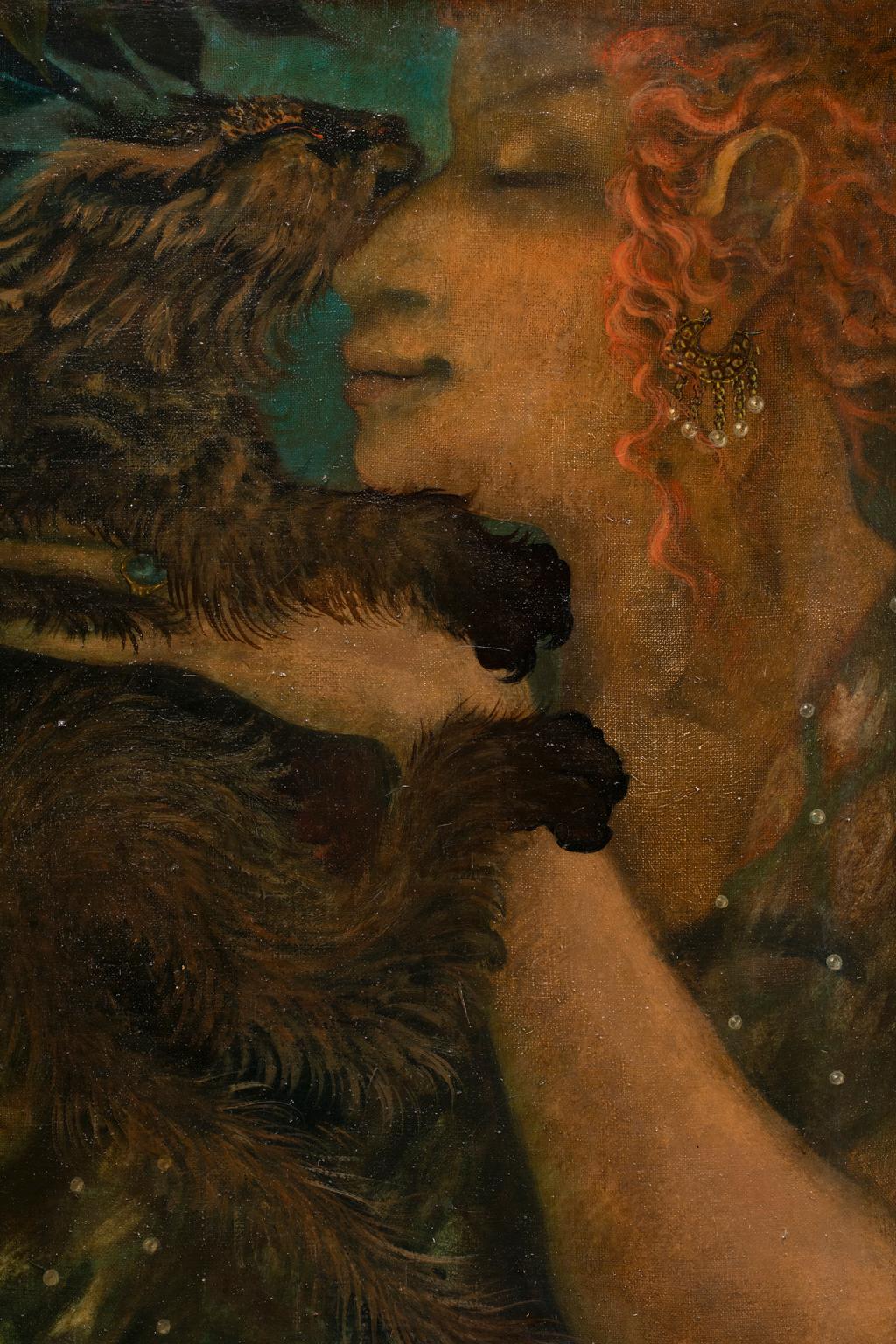 « My Best Friend », huile, cadre peint à la main, femme, animal, tons terreux riches - Préraphaélite Painting par WILLIAM GIRARD