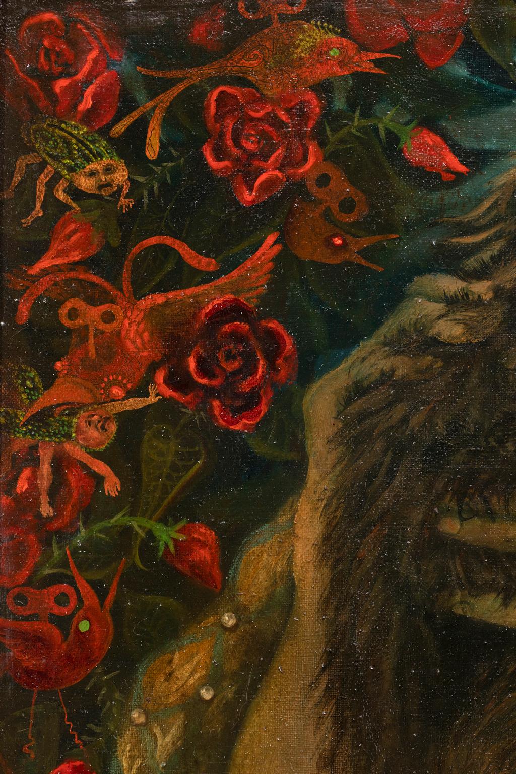 « My Best Friend », huile, cadre peint à la main, femme, animal, tons terreux riches - Noir Figurative Painting par WILLIAM GIRARD