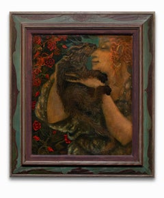"My Best Friend", Oil, Hand-Painted Frame, Female, Pet, Rich Earth Tones