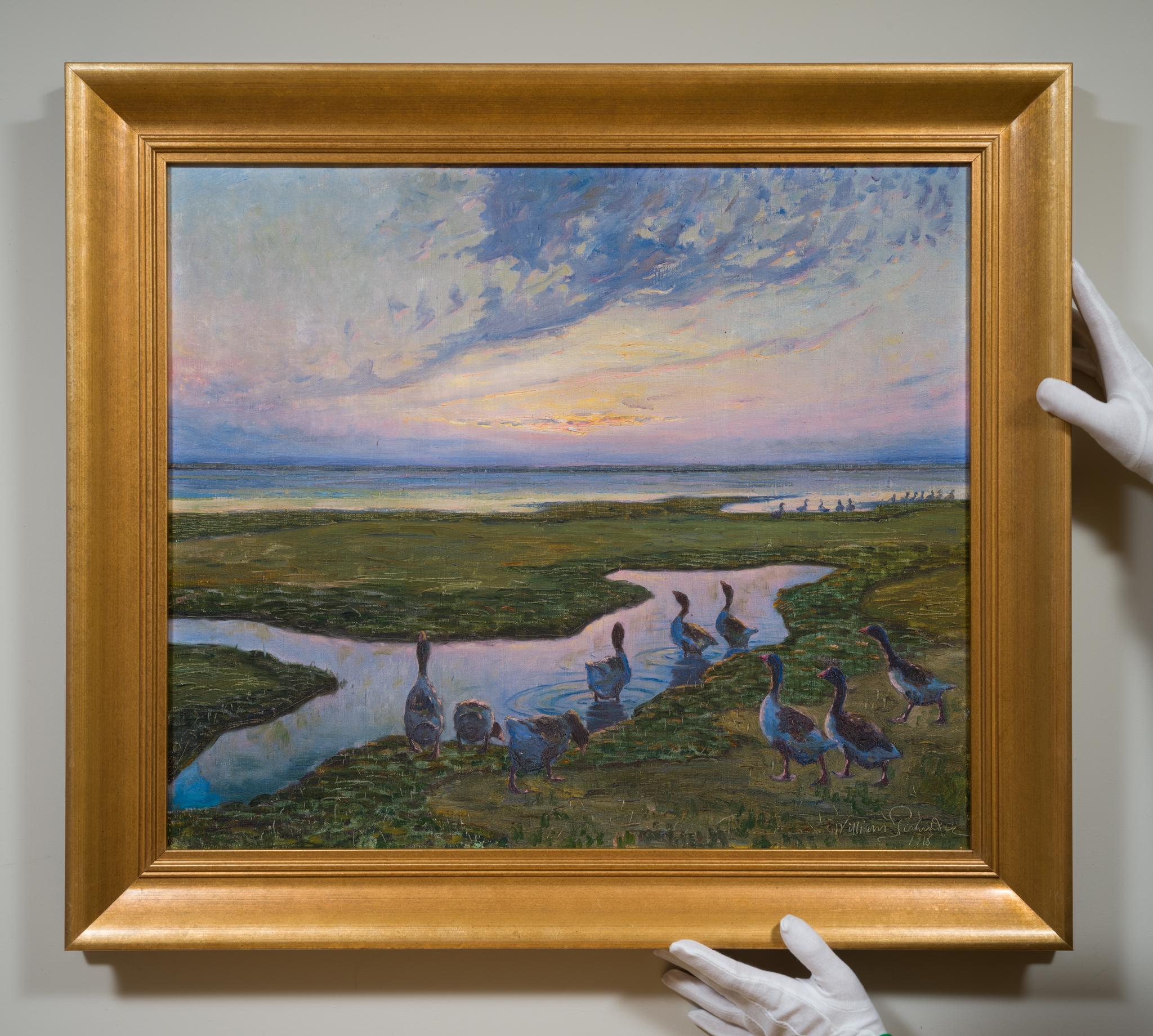 u2028Gänse im Sumpfgebiet, Falsterbo, 1918 – Painting von William Gislander