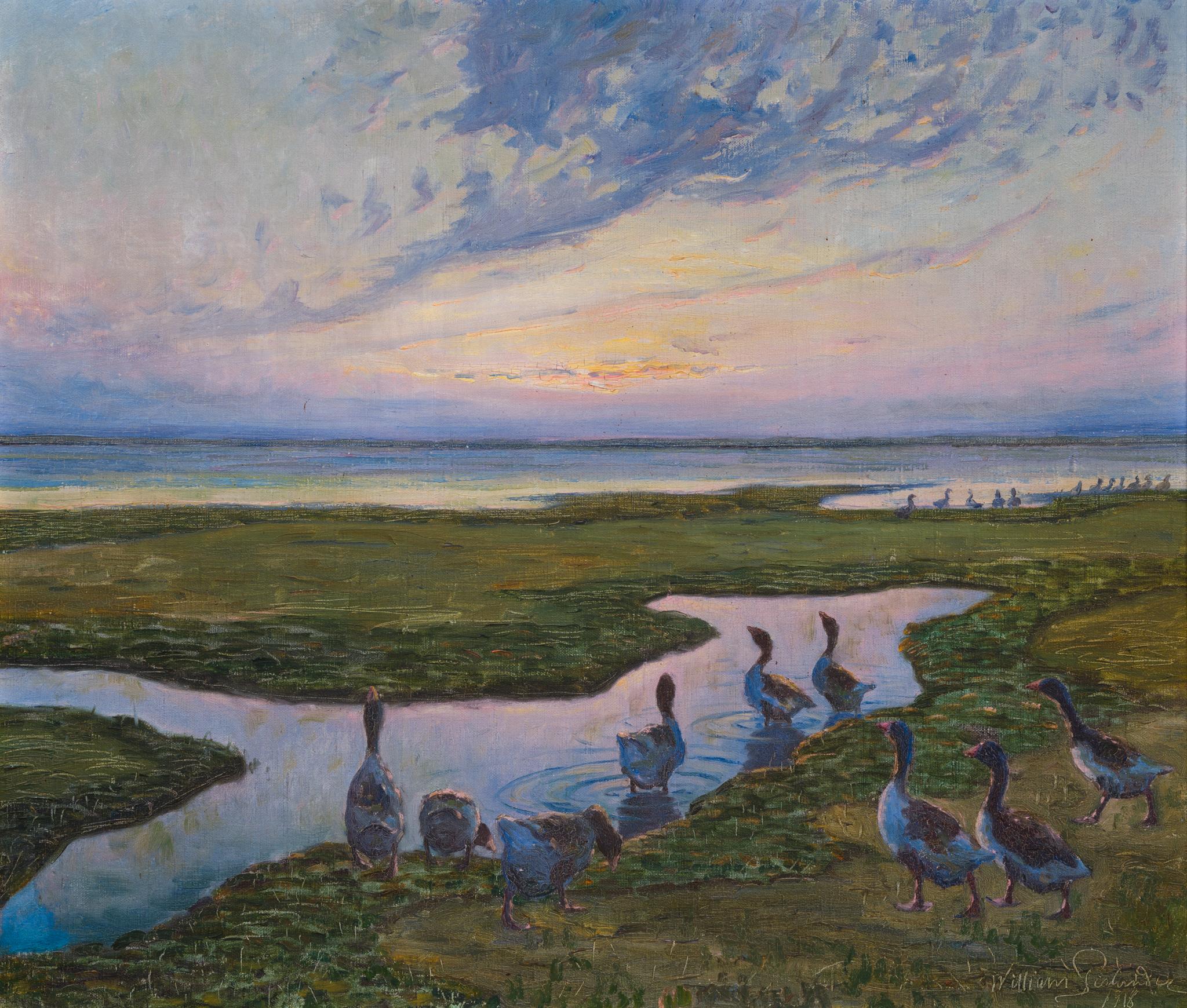 u2028Gänse im Sumpfgebiet, Falsterbo, 1918 (Romantik), Painting, von William Gislander
