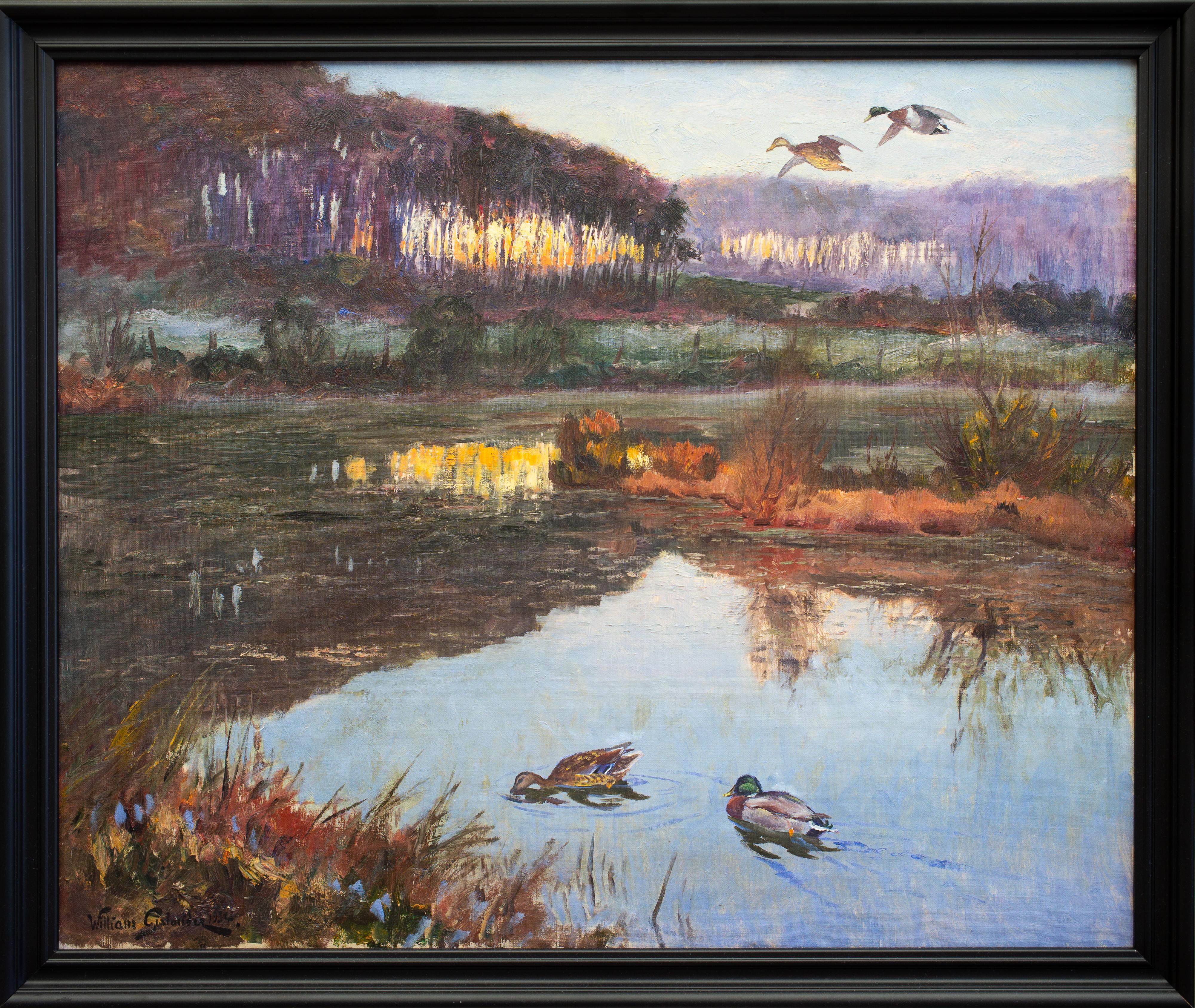 Paysage avec canards de l'artiste suédois William Gislander, peinture à l'huile sur toile en vente 1