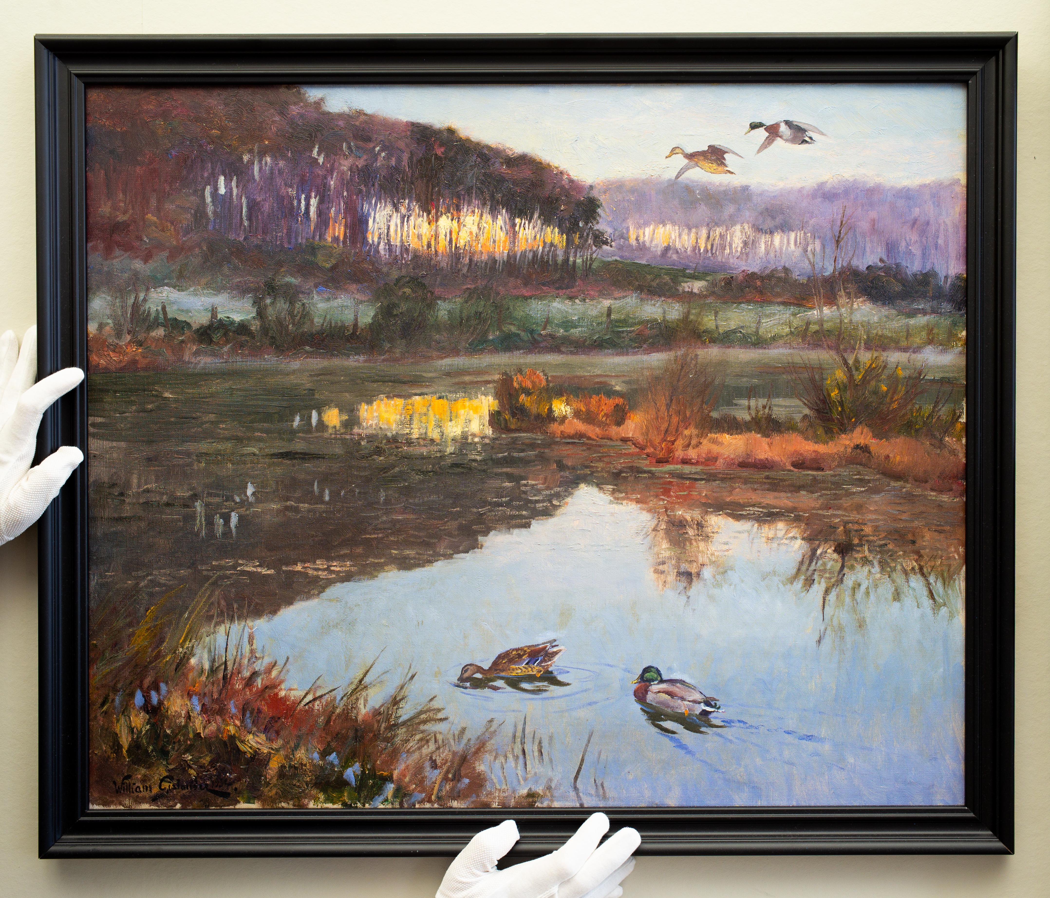 Paysage avec canards de l'artiste suédois William Gislander, peinture à l'huile sur toile en vente 2