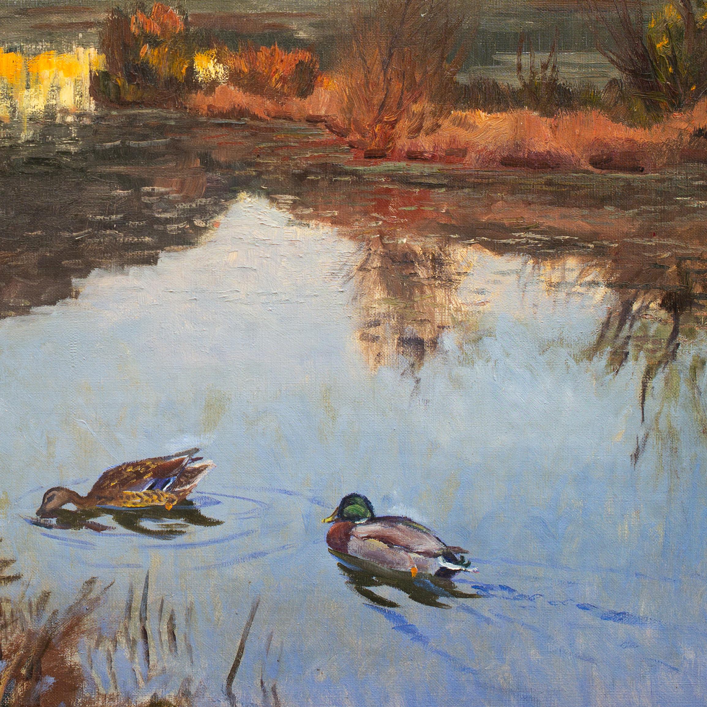 Paysage avec canards de l'artiste suédois William Gislander, peinture à l'huile sur toile en vente 4