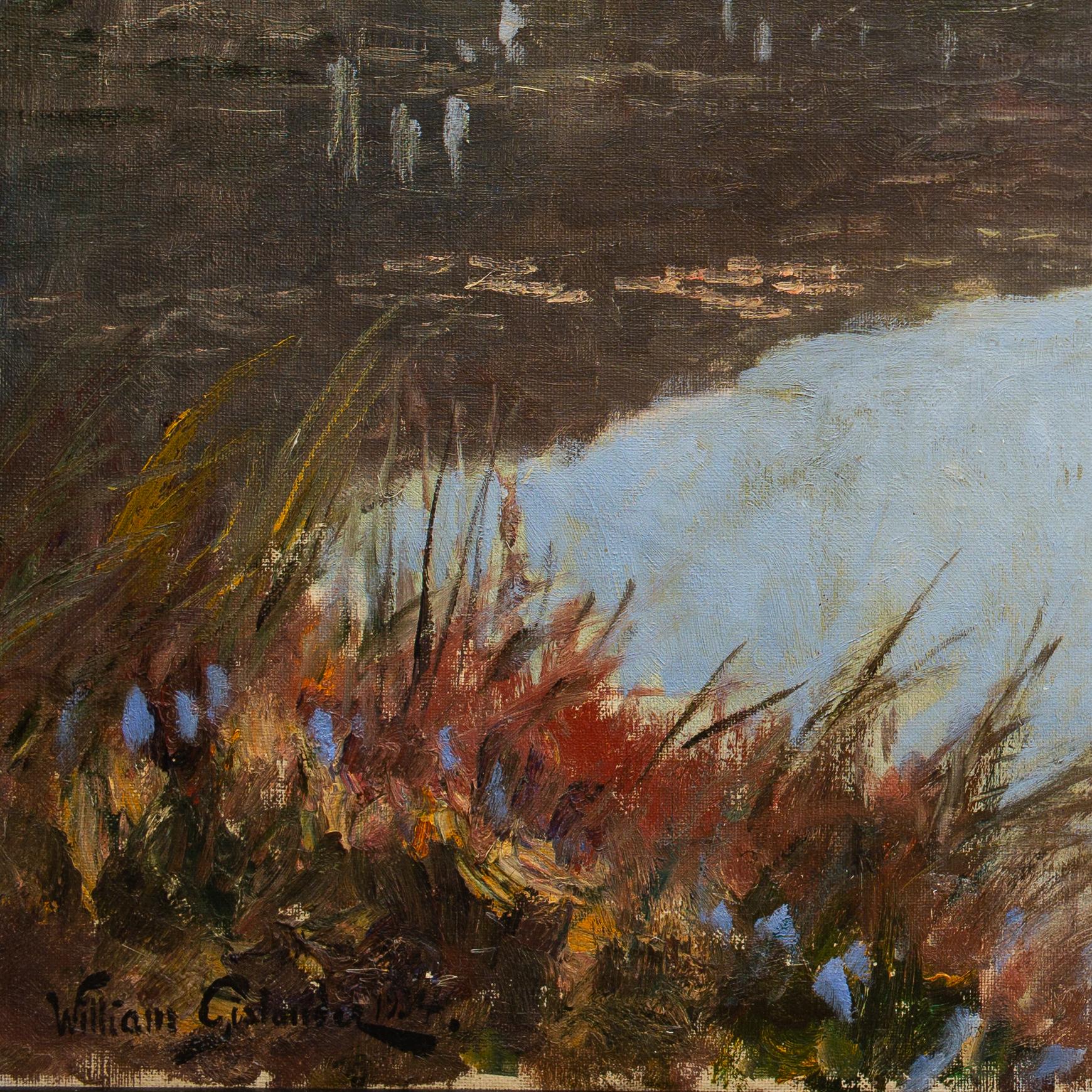 Paysage avec canards de l'artiste suédois William Gislander, peinture à l'huile sur toile en vente 5