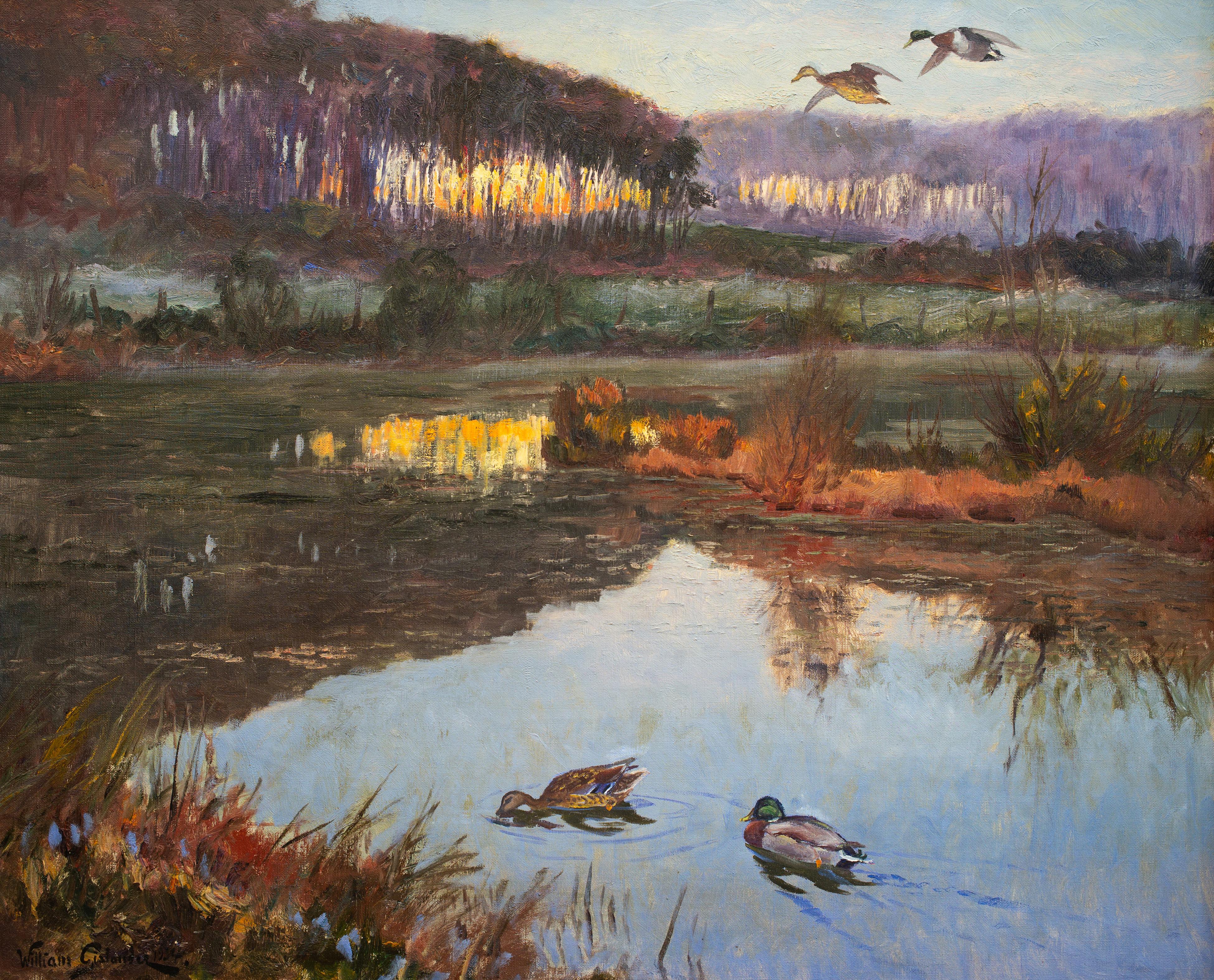 Landscape With Ducks by Swedish Artist William Gislander, Oil Painting on Canvas