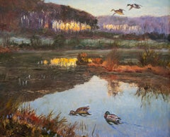 Paysage avec canards de l'artiste suédois William Gislander, peinture à l'huile sur toile