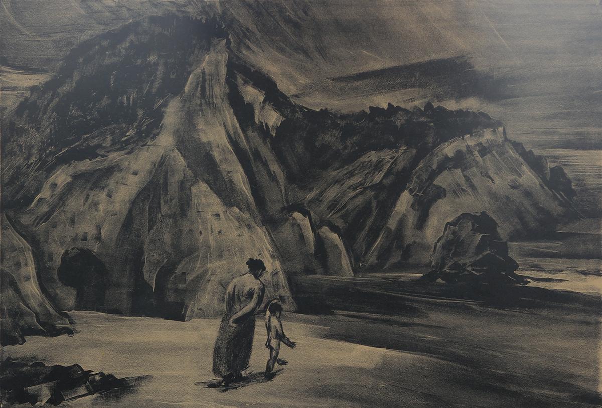 Gray toned abstract landscape of a desert with mother and child walking by coves. Original print is at the Portland Art Museum collections. Signed and titled by the artist. Framed and matted in a black wooden frame.

Dimensions Without Frame: H 12 x