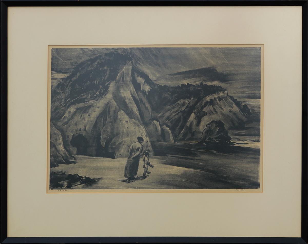 William Givler Figurative Print - "The Cove" Abstract Landscape of a Desert with Mother and Child Lithograph