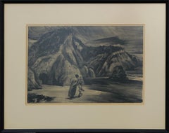 Vintage "The Cove" Abstract Landscape of a Desert with Mother and Child Lithograph