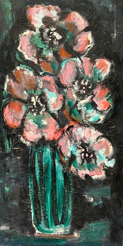"Fleurs dans un vase vert" par W. Greene & Greene - Huile sur toile - 60x30 cm