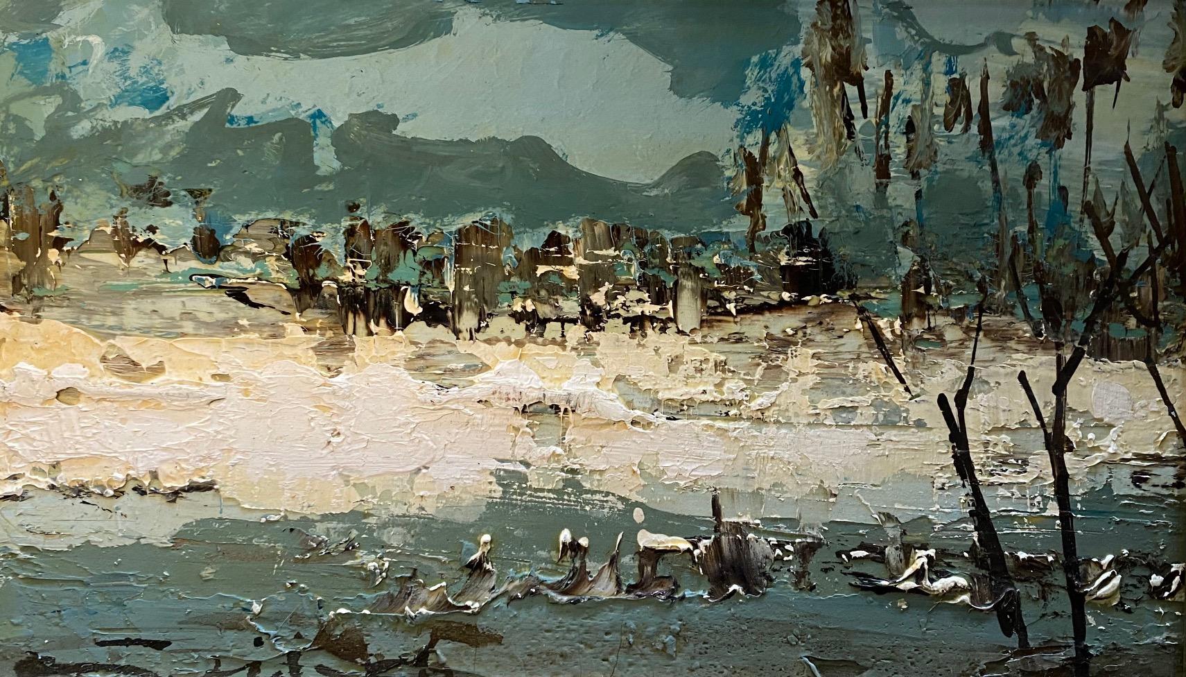 Landscape Painting de William Goliasch - "Lac de Joux" de William GOLIASCH - Óleo sobre madera 16x28 cm