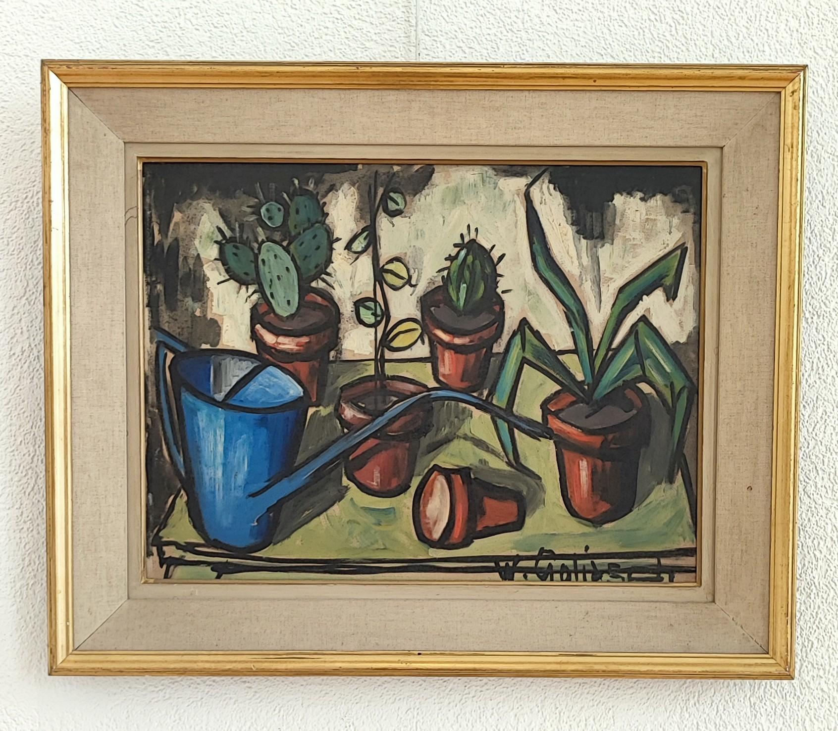 Still life with watering can and cacti - Painting by William Goliasch