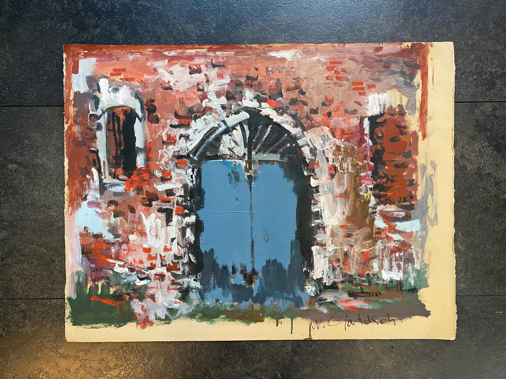 The blue door by William GOLIASCH - Gouache on paper 50x65 cm - Painting by William Goliasch
