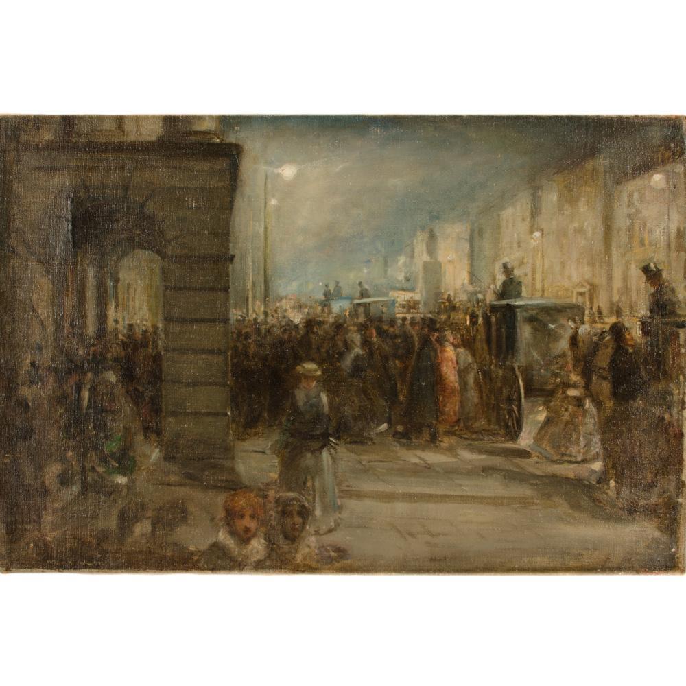 William Gordon Burn-Murdoch (británico, 1862 - 1939)  Ajetreada escena callejera europea con coche de caballos, mucha gente, óleo sobre lienzo, firmado abajo a la izquierda W.G. Burn-Murdoch hacia 1902, sin enmarcar.