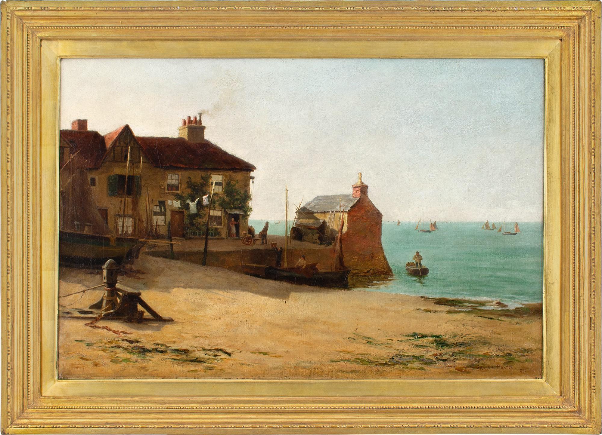 Dieses Ölgemälde des britischen Künstlers William Graham Buxton (1858-1926) aus dem späten 19. Jahrhundert zeigt eine charmante Küstenansicht in Essex, England. Es wurde 1890 in der Royal Academy ausgestellt.

Im Schatten der hellen Morgensonne
