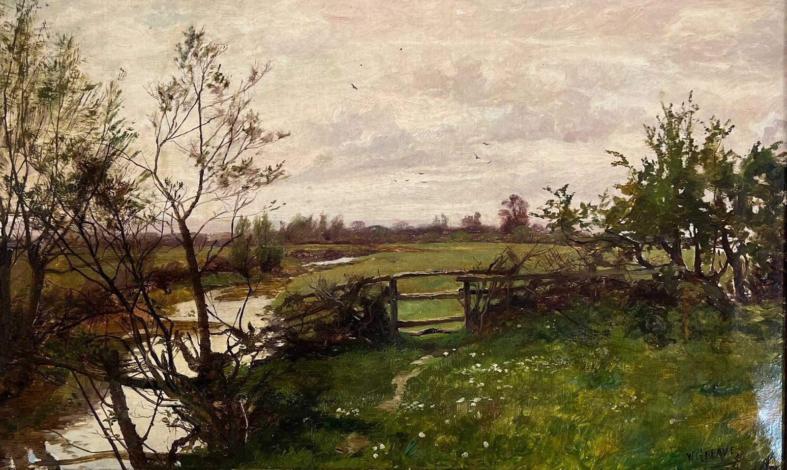 Antique English River Landscape with Old Gate in Fields Listed Victorian Artist - Painting by William Greaves