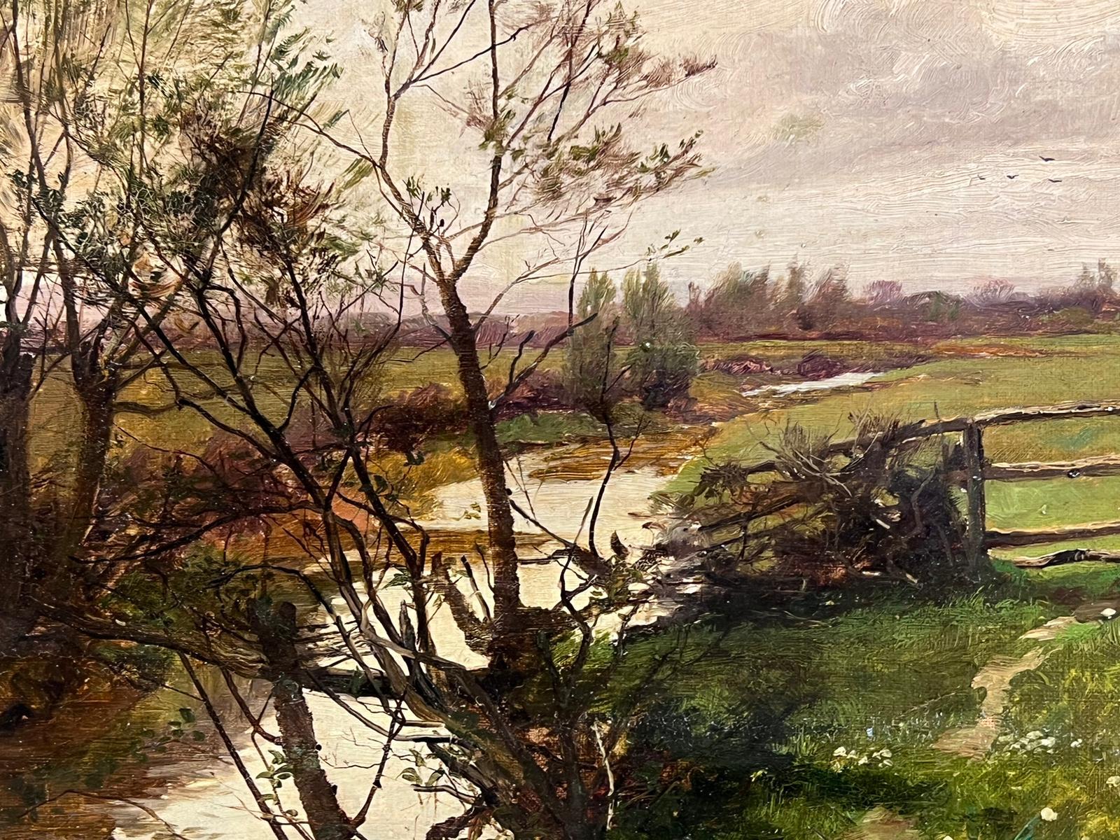 Antique English River Landscape with Old Gate in Fields Listed Victorian Artist 2