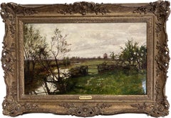 Antique English River Landscape with Old Gate in Fields Listed Victorian Artist