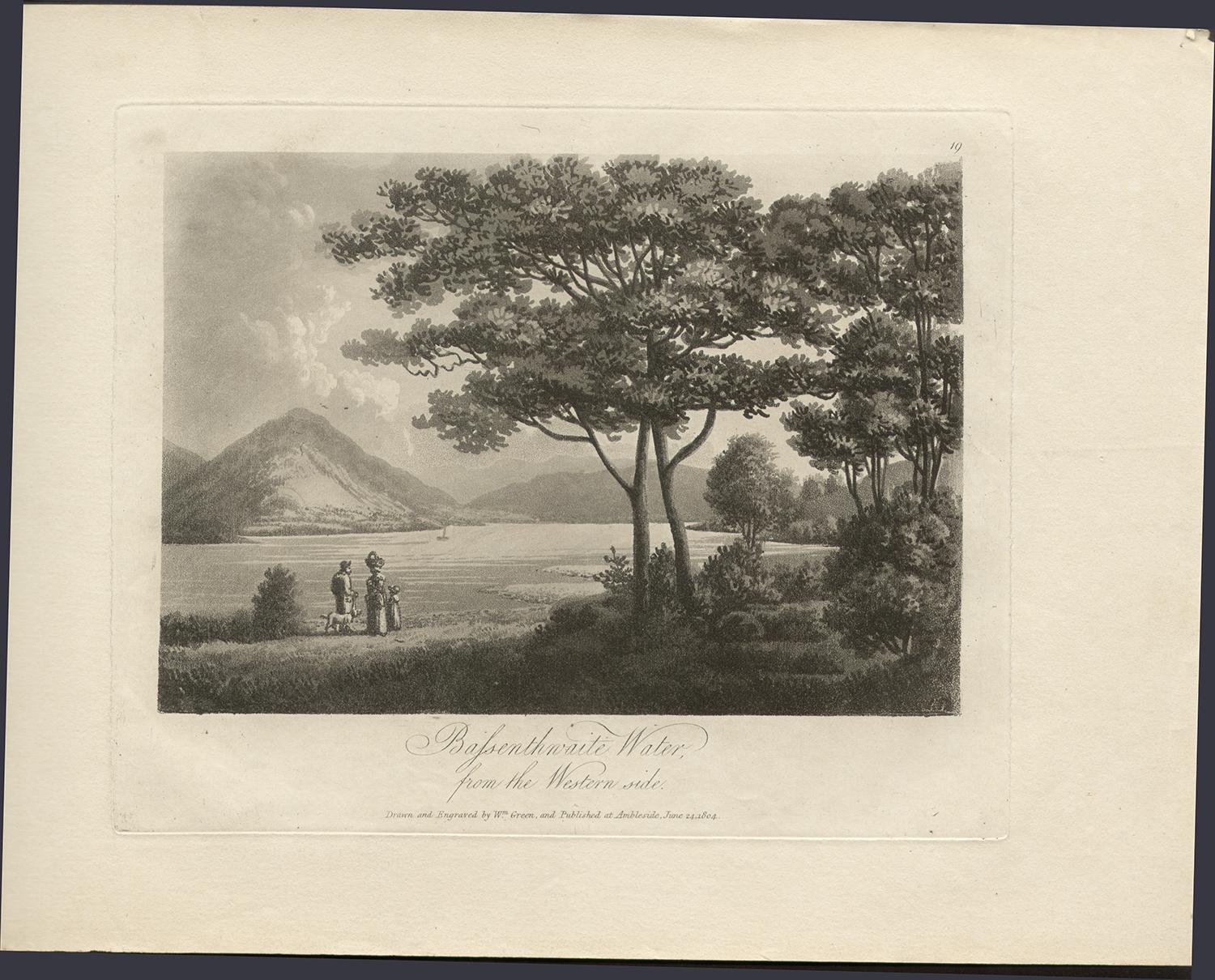 Bassenthwaite Water, from the Western Side, Lake District C19th English aquatint - Print by William Green