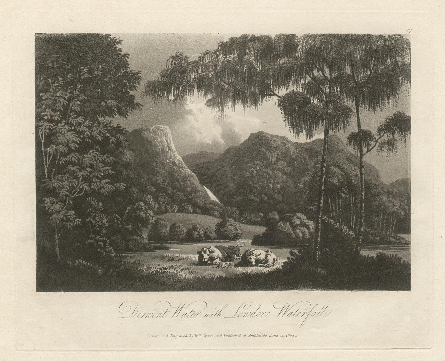 William Green Landscape Print – Derwent Water and Lowdore Herbst, Landschaft des Lake District, 19. Jahrhundert, Englische Aquatinta