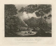Derwent Water e Lowdore Fall, paesaggio del Lake District, acquatinta inglese del 19° secolo