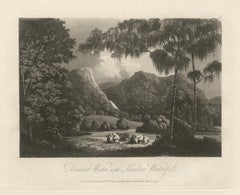 Derwent Water and Lowdore Fall, Lake District scenery, C19th English aquatint