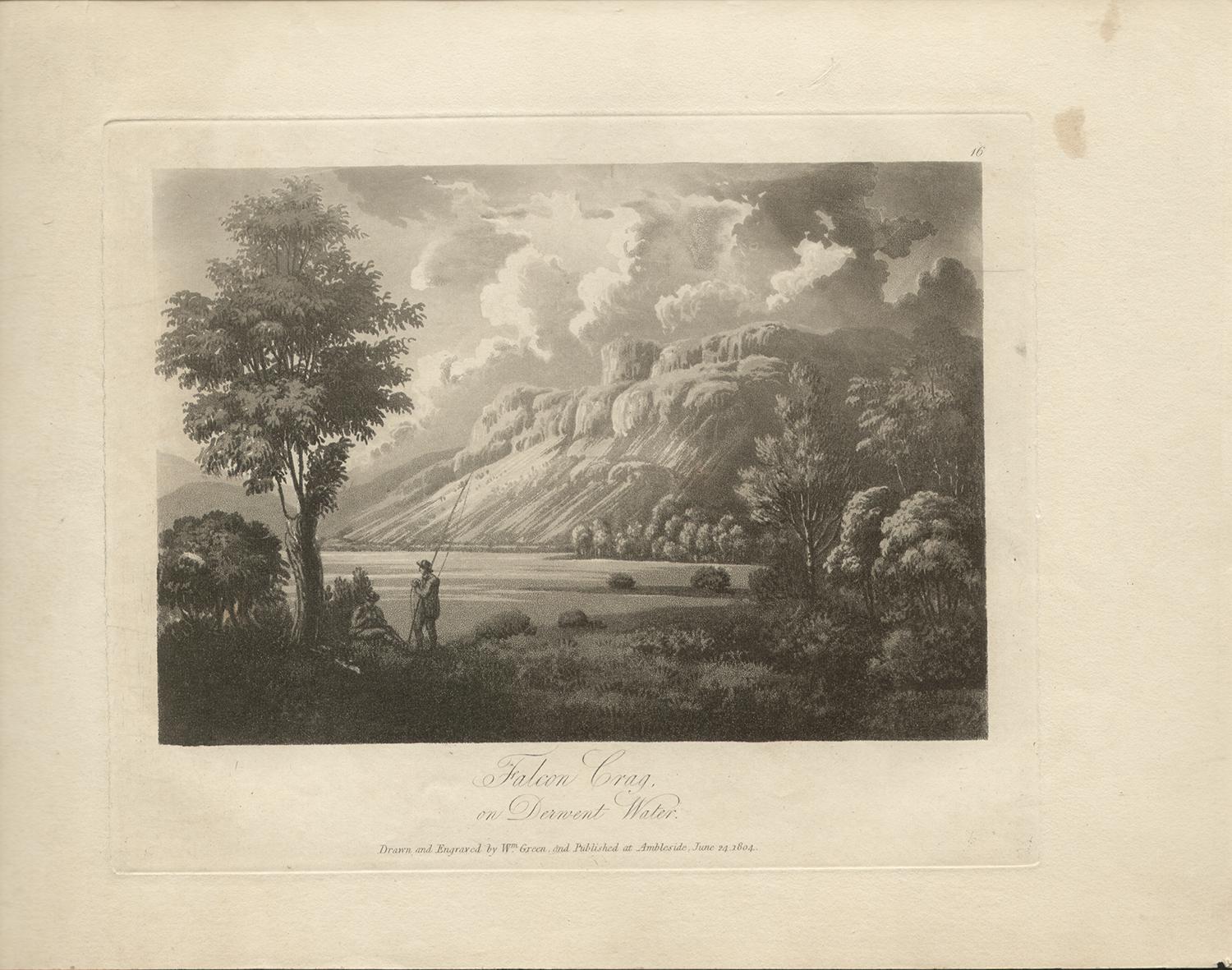Falcon Crag, scenario del Lake District Acquatinta inglese del 19° secolo - Print di William Green