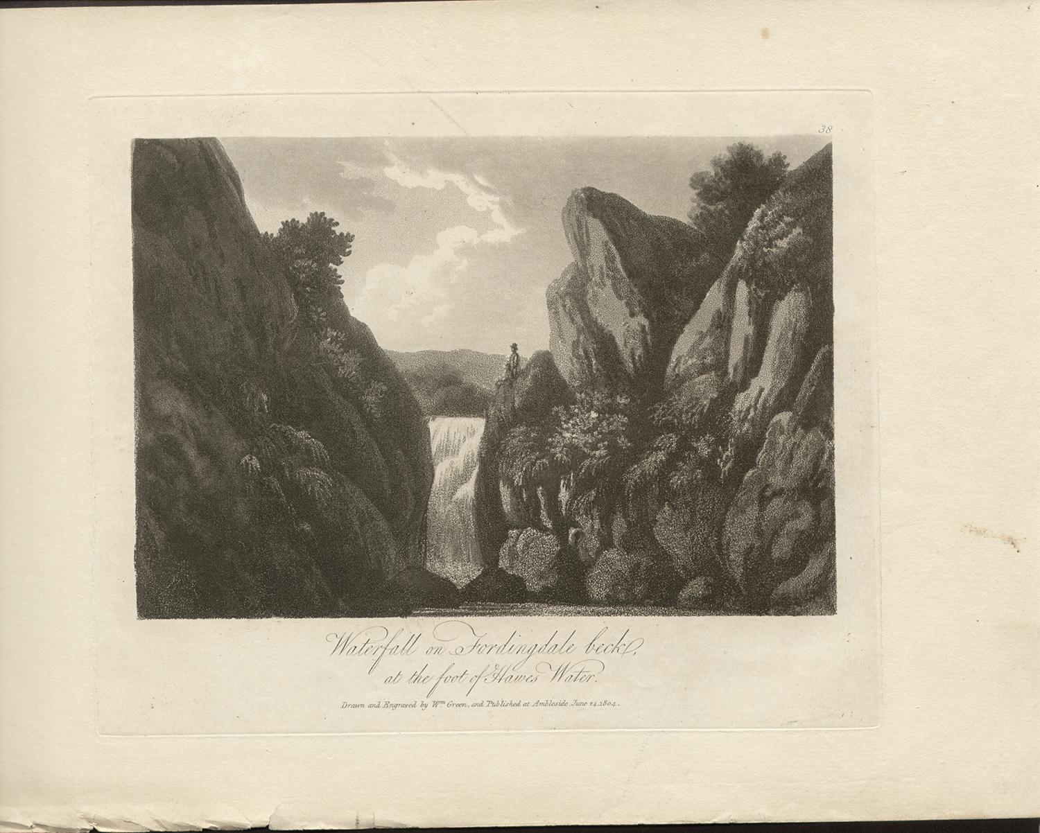 Wasserfall auf Fordingdalebeck, Landschaft des Lake District, 19. Jahrhundert, Englische Aquatinta – Print von William Green