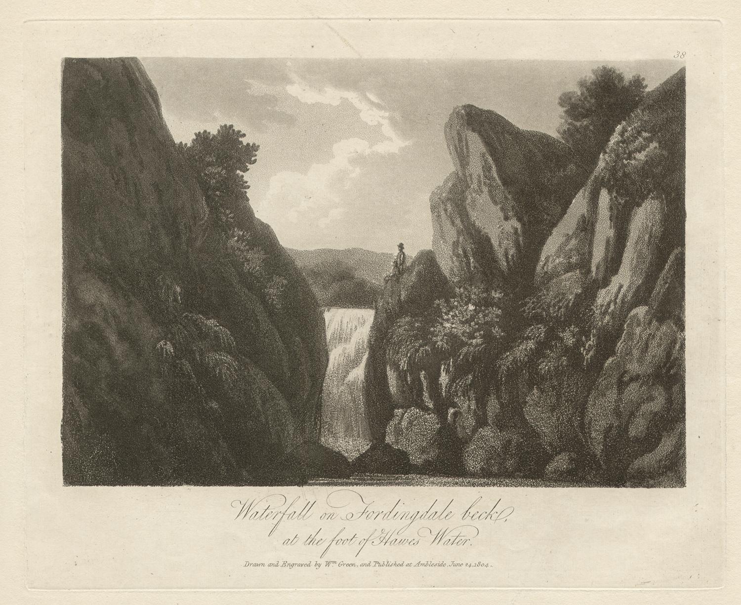 William Green Landscape Print – Wasserfall auf Fordingdalebeck, Landschaft des Lake District, 19. Jahrhundert, Englische Aquatinta