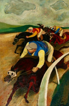"Far Turn" Mid 20th Century American Scene Horse Racing Jockey Realism Colorful