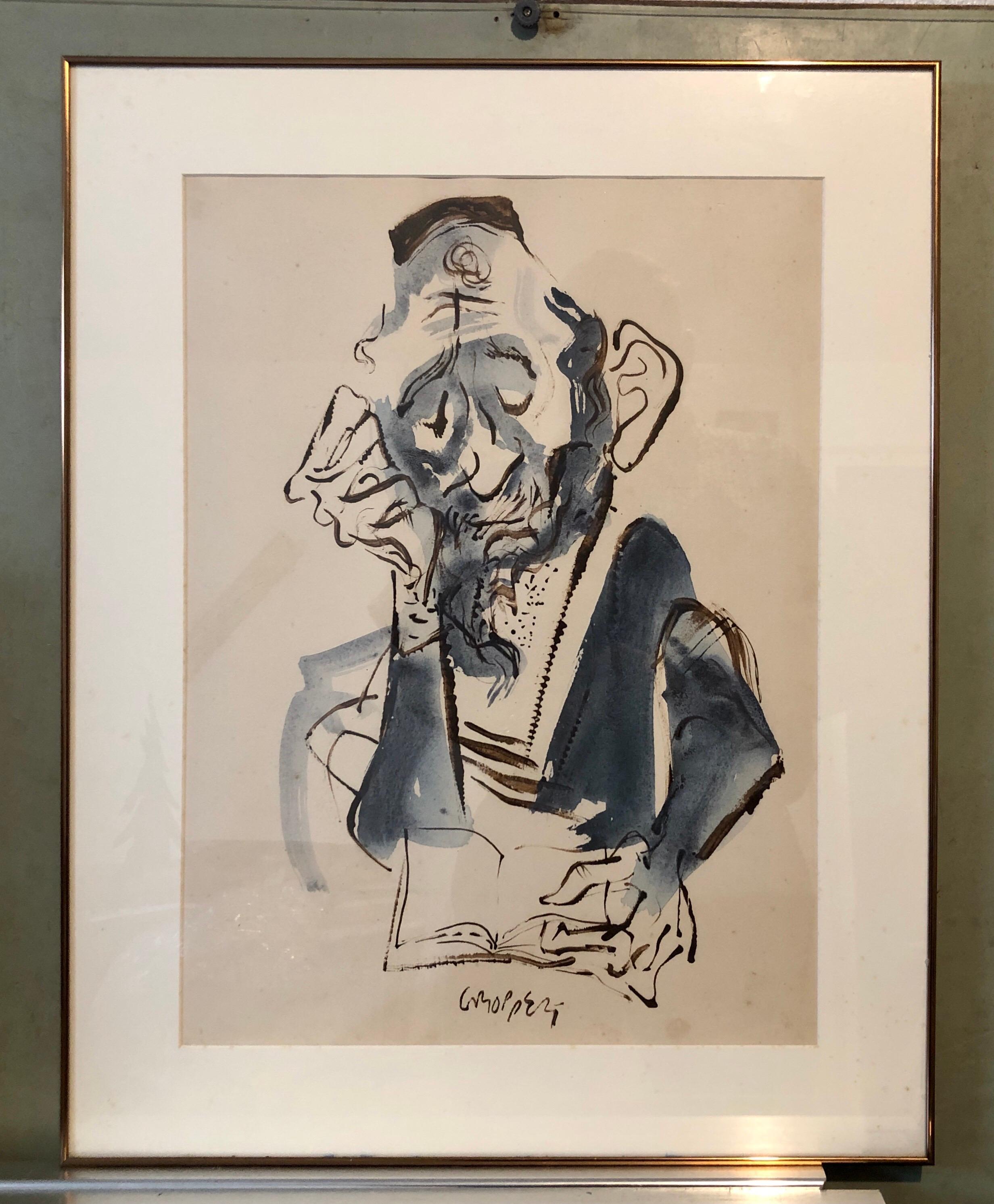 Jewish Rabbi Americana Judaica Watercolor, Ink Painting WPA Art William Gropper 2