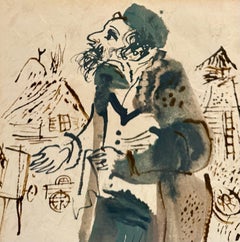 Jewish Rabbi Student Judaica Watercolor Gouache Painting WPA Art William Gropper