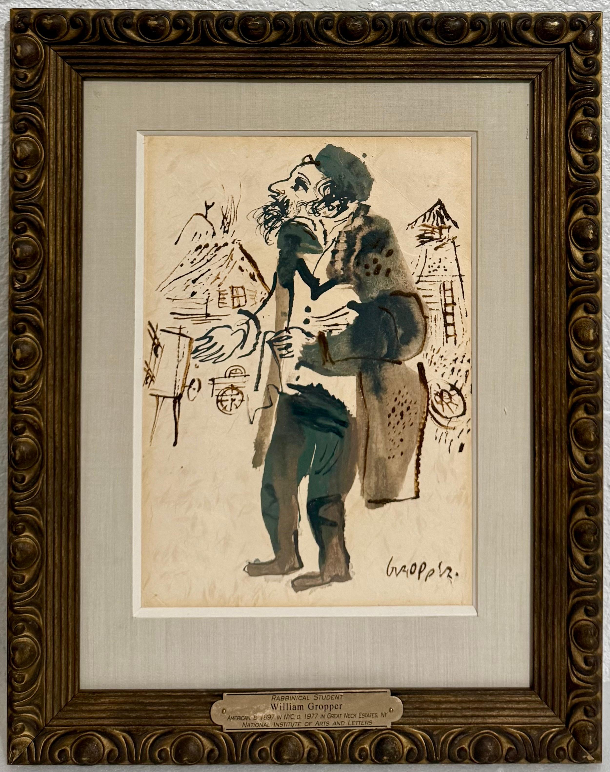 Jewish Rabbi Student Judaica Watercolor Gouache Painting WPA Art William Gropper For Sale 2