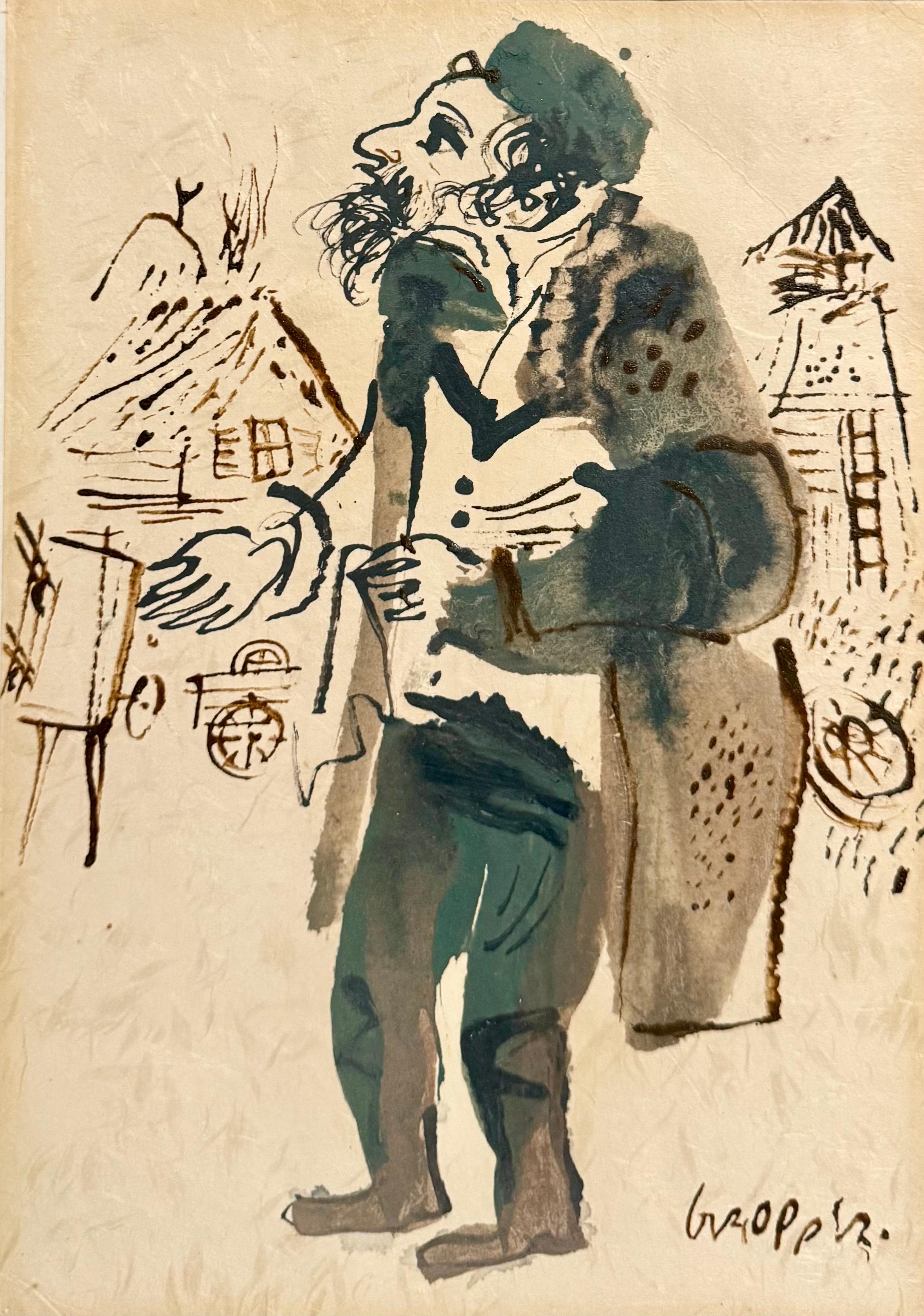 Jewish Rabbi Student Judaica Watercolor Gouache Painting WPA Art William Gropper For Sale 4