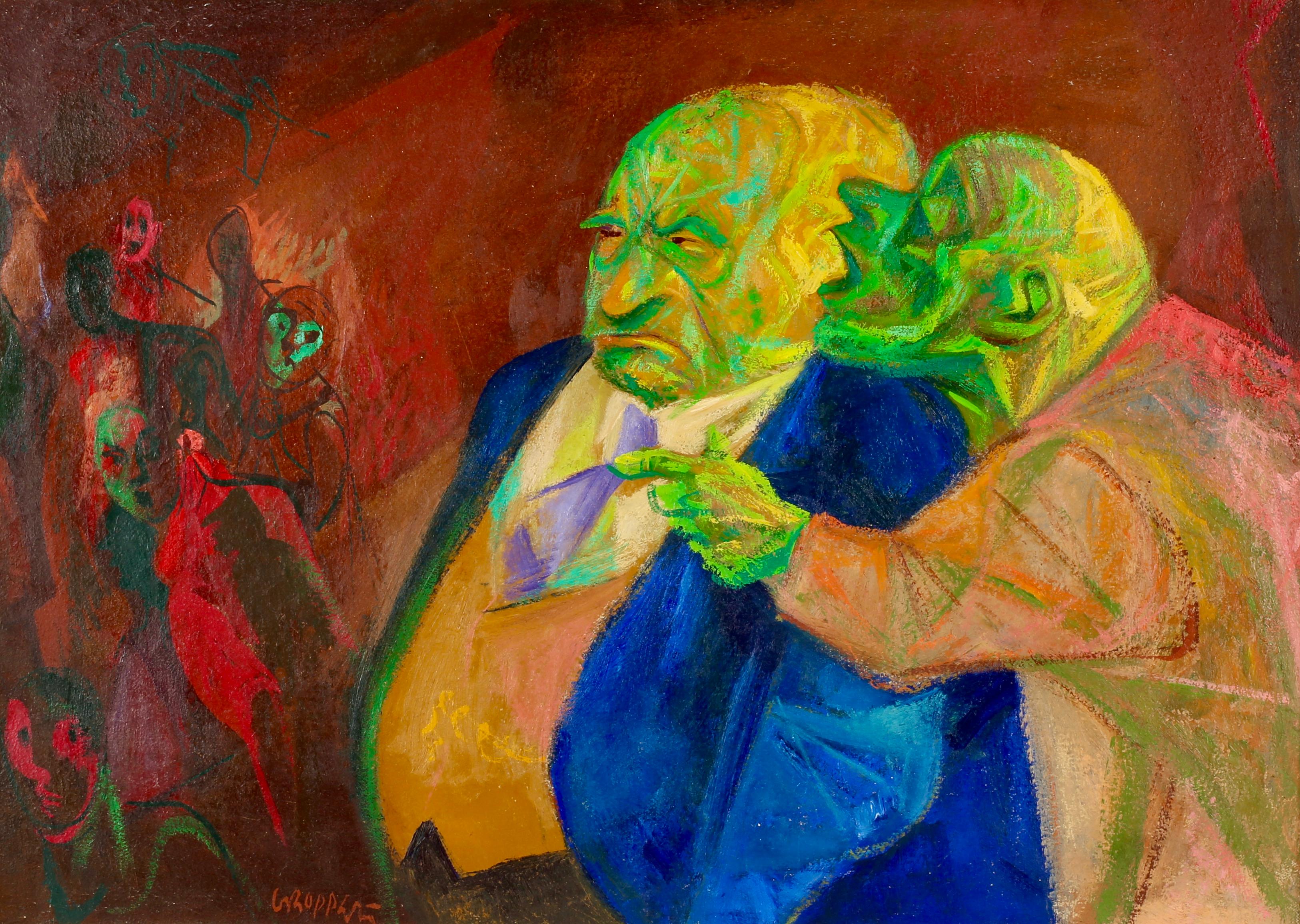 William Gropper Interior Painting - "The Informer" Mid 20th Century Social Realism Modern Political Senator Colorful