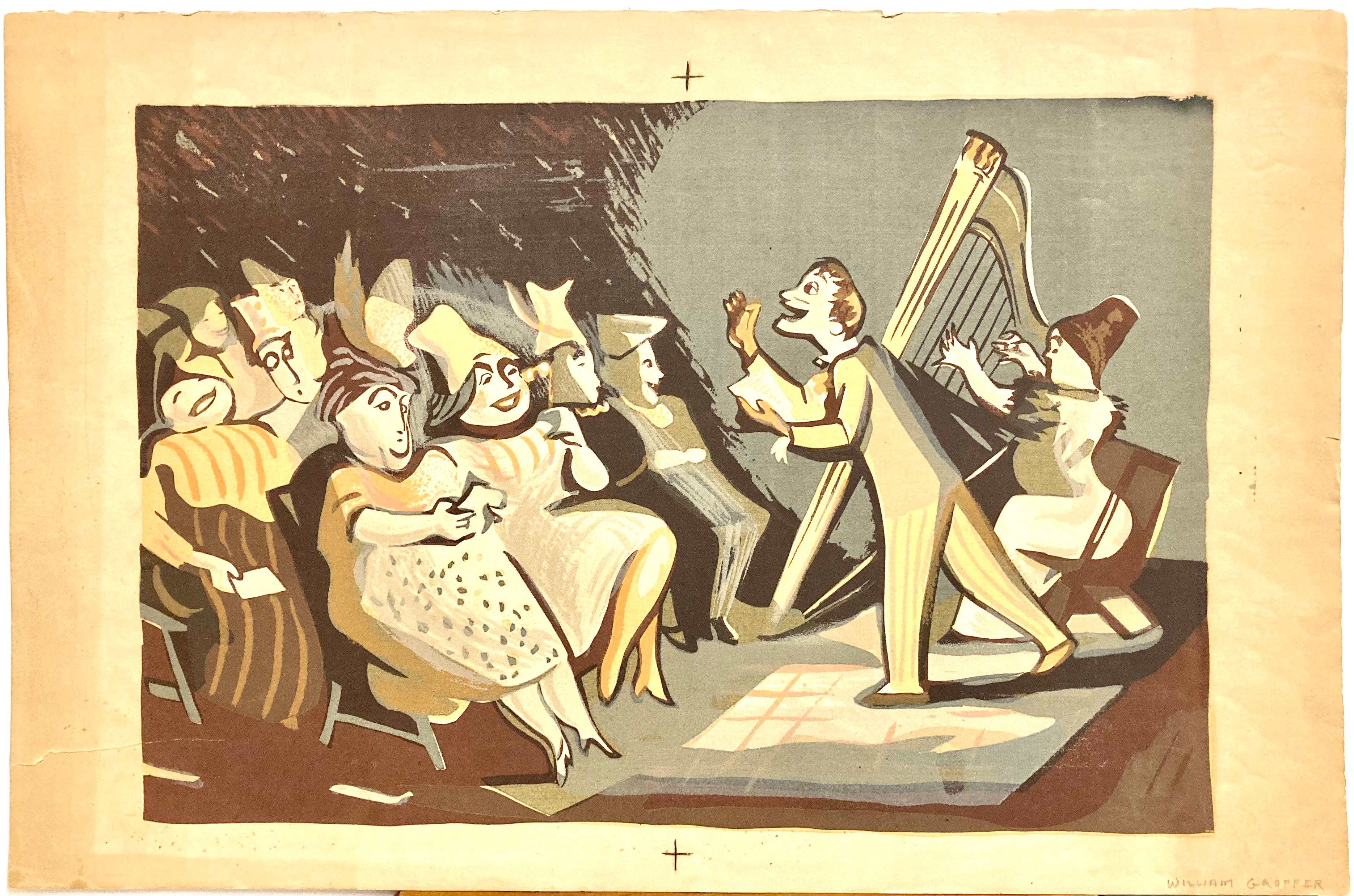 An early serigraph (screen print) by William Gropper. There's a harpist to provide the music and a choir master conducting. The seated members of the group are individually drawn as only someone as skilled as Gropper could make them.

'William