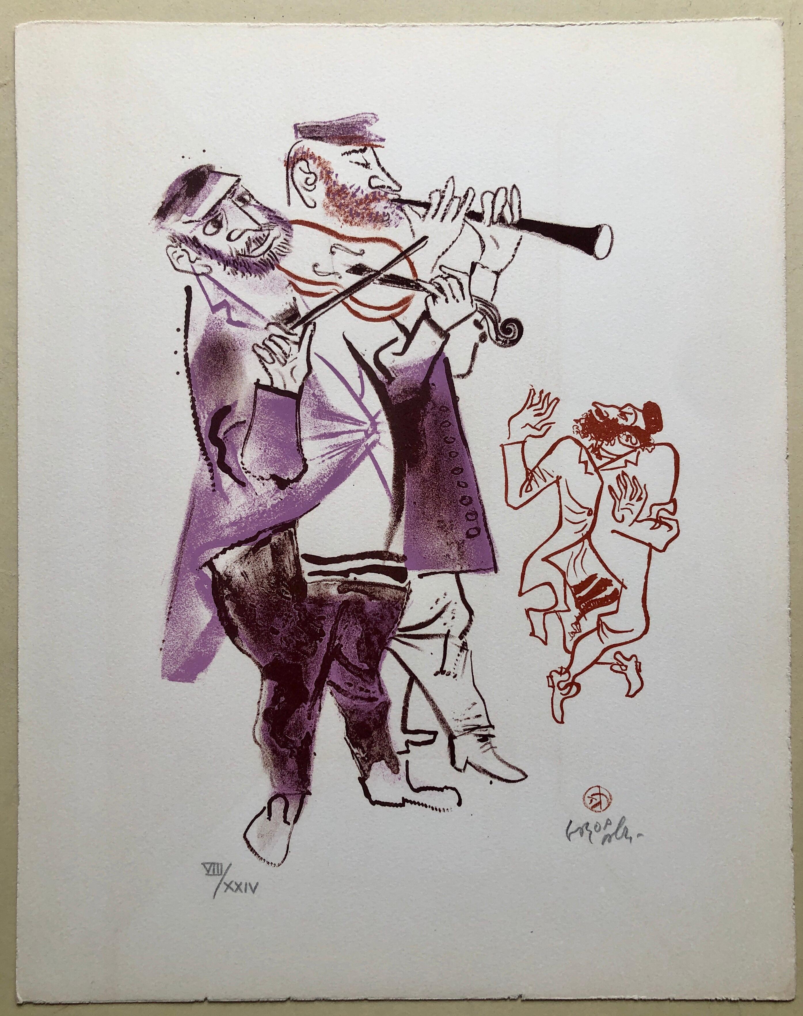 
Hand signed in pencil and numbered with Roman numerals 8/24. A very small edition.
Old Lower East Side of New York or East European Shtetl. Jewish Shtetl Klezmer Musicians. humorous Yiddish art.
The New-York born artist William Gropper was a