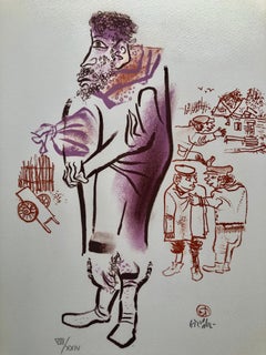 Jewish Shtetl Peddlar Americana Judaica Lithographie WPA Yiddish Sozialrealistischer Sozialrealist