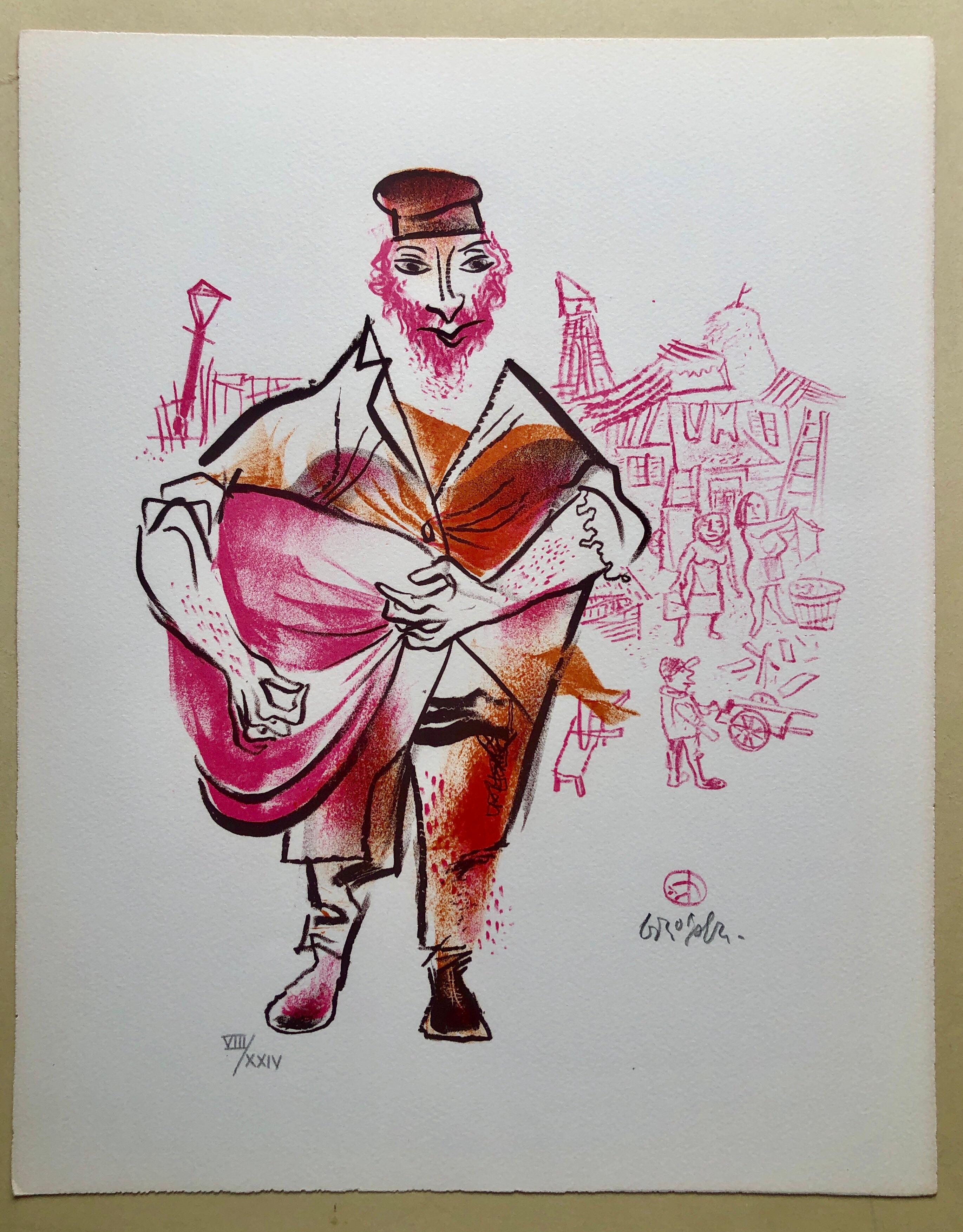 
Firmado a mano con lápiz y numerado con números romanos 8/24. Una edición muy pequeña.
Antiguo Lower East Side de Nueva York o Shtetl de Europa Oriental. Comerciante ambulante del Shtetl judío. Arte humorístico yiddish.
El artista William Gropper,