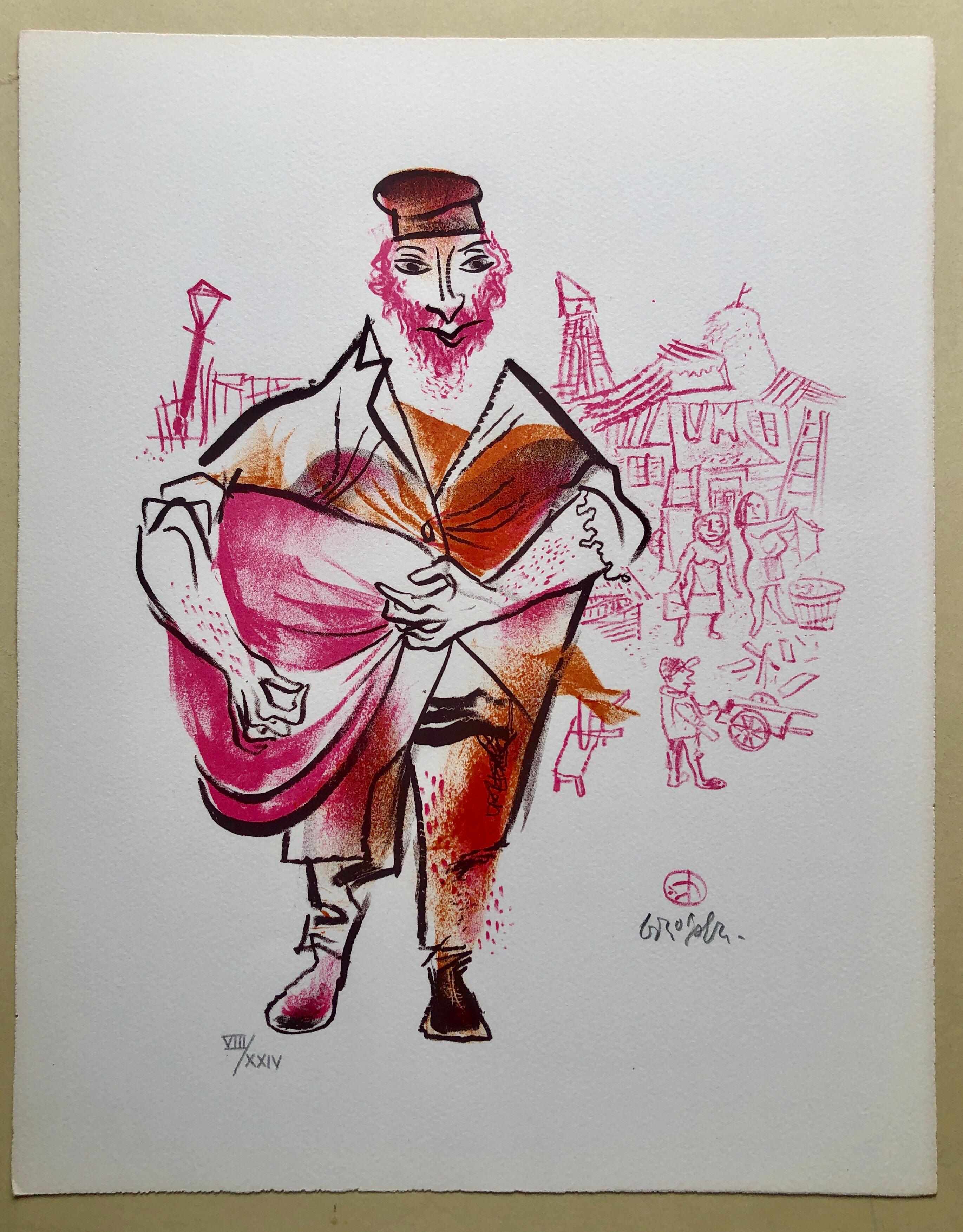 Jewish Shtetl Peddlar Americana Judaica Lithograph WPA Yiddish Social Realist  For Sale 1