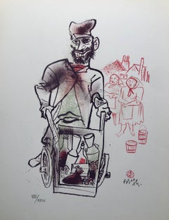 Vintage Jewish Shtetl Peddlar Pushcart Judaica Lithograph WPA Yiddish Social Realist