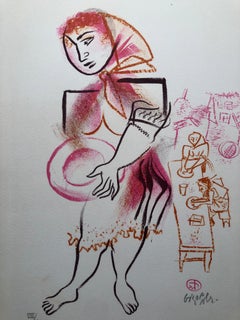 Women, Dishes, Shtetl Americana Judaica Lithographe de l'artiste réaliste sociale de la WPA